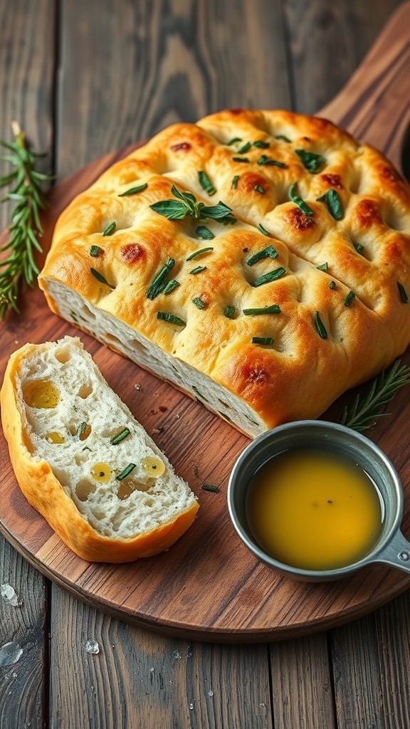 A golden-brown focaccia bread topped with herbs on a wooden board, sliced and ready to serve.